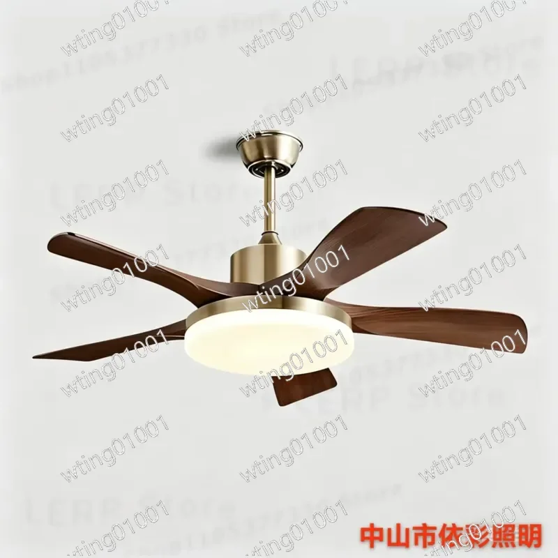 for Retro Solid Wood Ceiling Fan Light with Pure Copper Motor Frequency Conversion Integrated Lamp for Living Room Dining