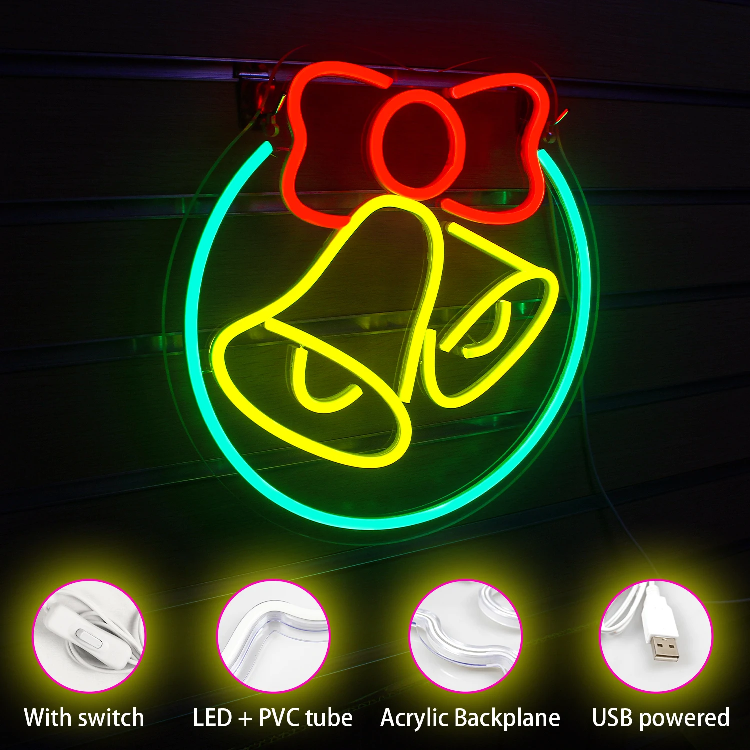 Bow Bell Neon Led Sign Merry Christmas Decoration USB Power Wall Lights segni del fumetto camera da letto Home Party Bar Club Festival Lamp