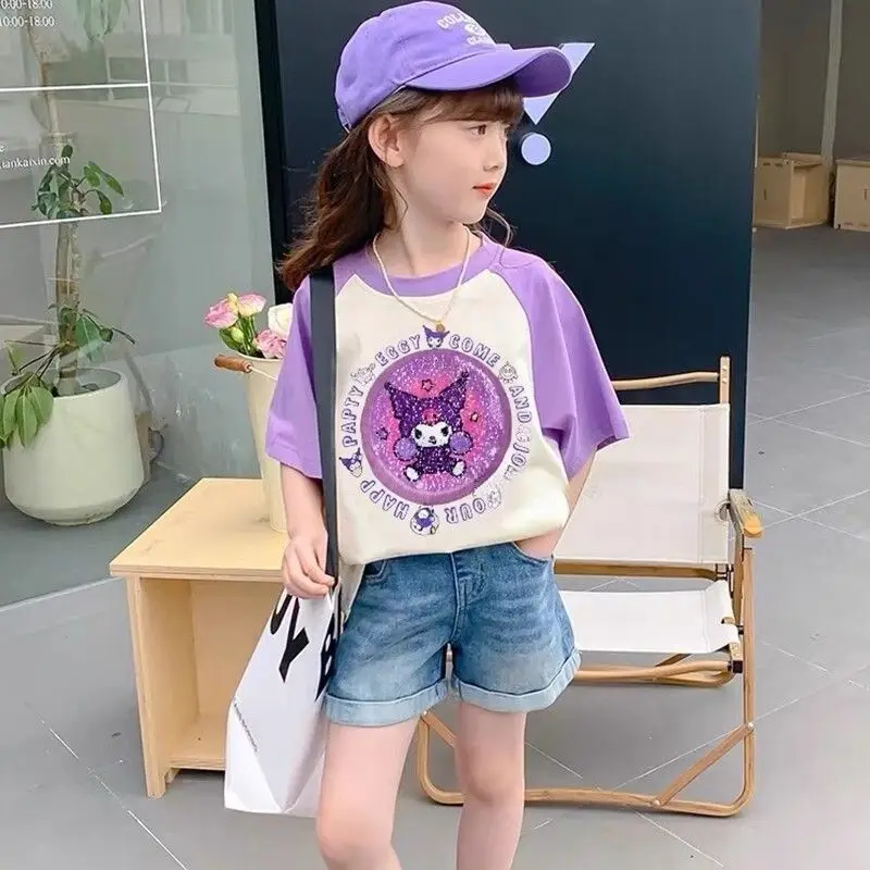 Kawai Anime Sanrios Kuromi Cartoon Short-Sleeved Cinnamoroll Kids Cotton T-Shirt Loose Versatile Tops Casual Summer Kids Clothes