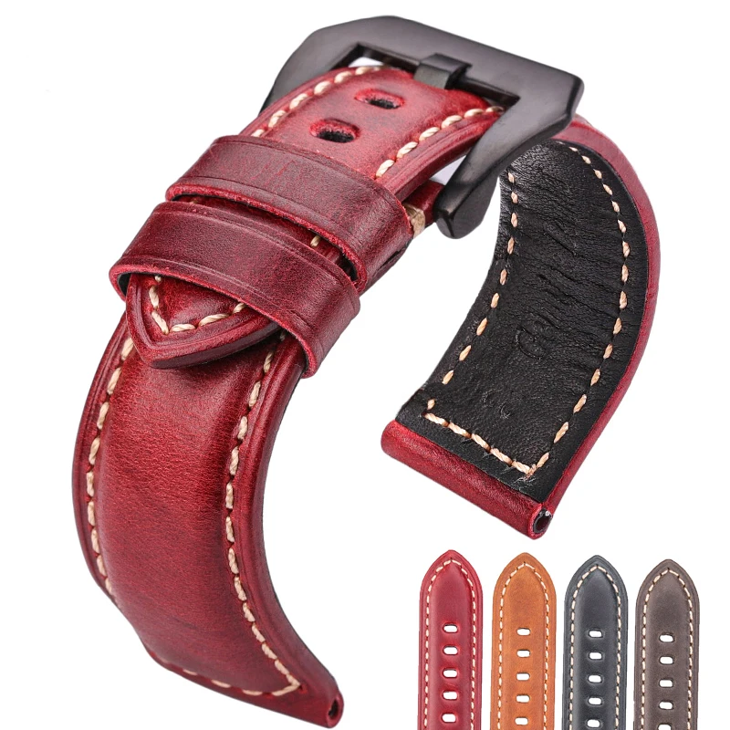 Oil Waxed Cowhide Genuine Leather Watch Strap Available in Blue Green Yellow Red 20mm 22mm 24mm 26mm Men's Fashion Accessory