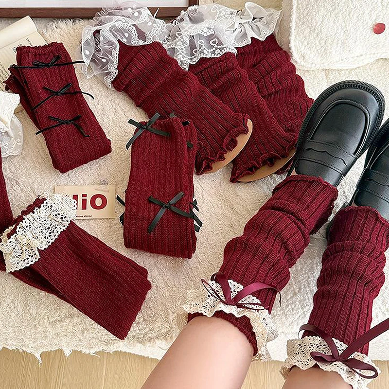 Autumn And Winter Anchor Red Leg Sets Lolita Korean Lace New Year Christmas Red Ballet Style Jk Calf Socks