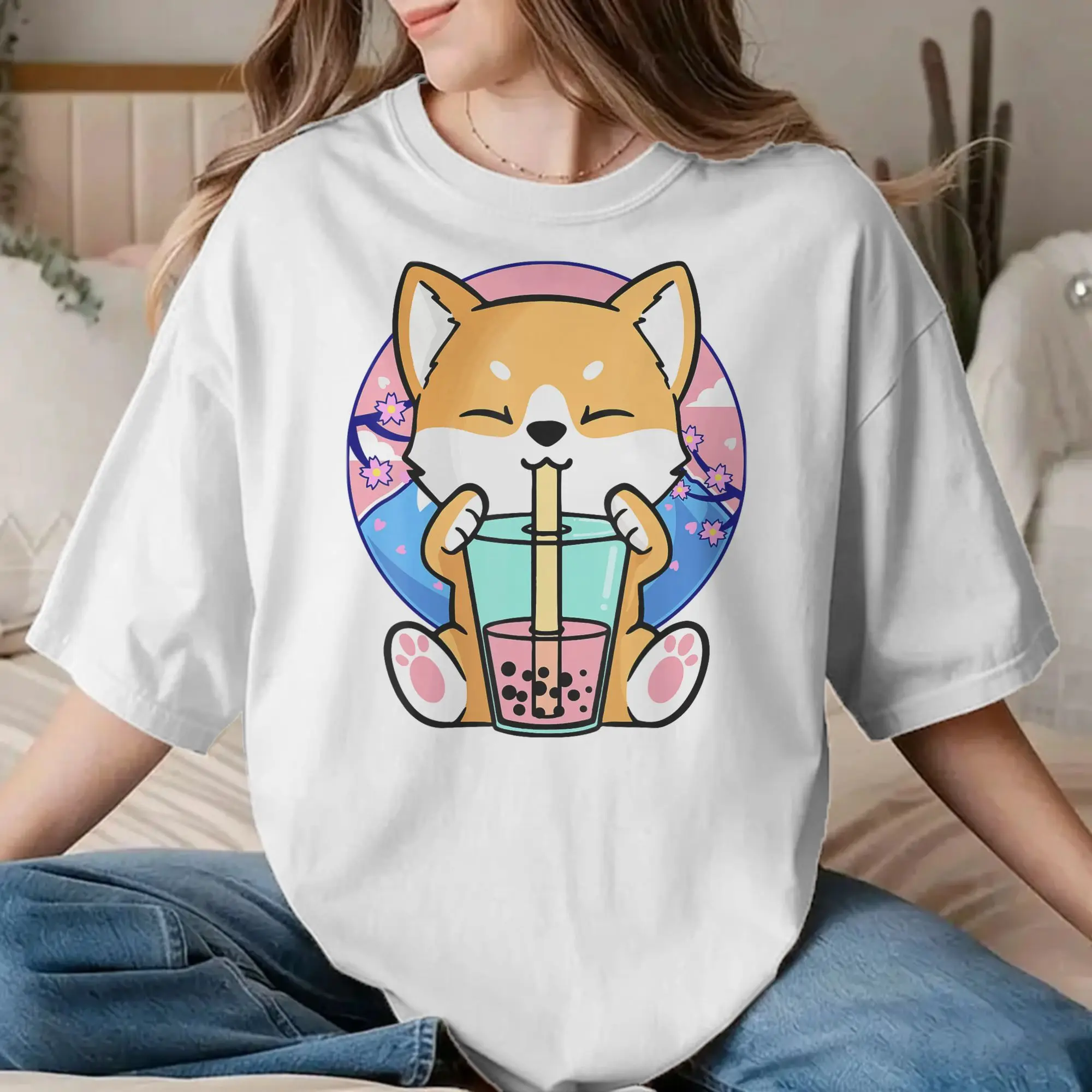 Men Women Kawaii Corgi Dog Anime T Shirt  Cotton Clothing Vintage Short Sleeve Round Collar Tee Shirt Plus Size T-Shirt
