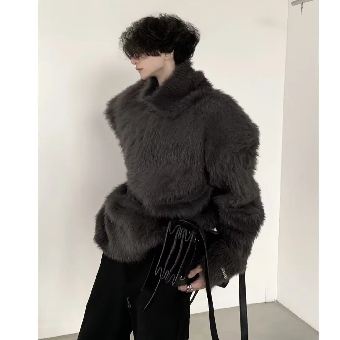 

Fur Collar Pullovers American Mens Textured Surface Pattern Design Fashion Knitted Cable Ribbed Jacquard Stitch Detail Quality