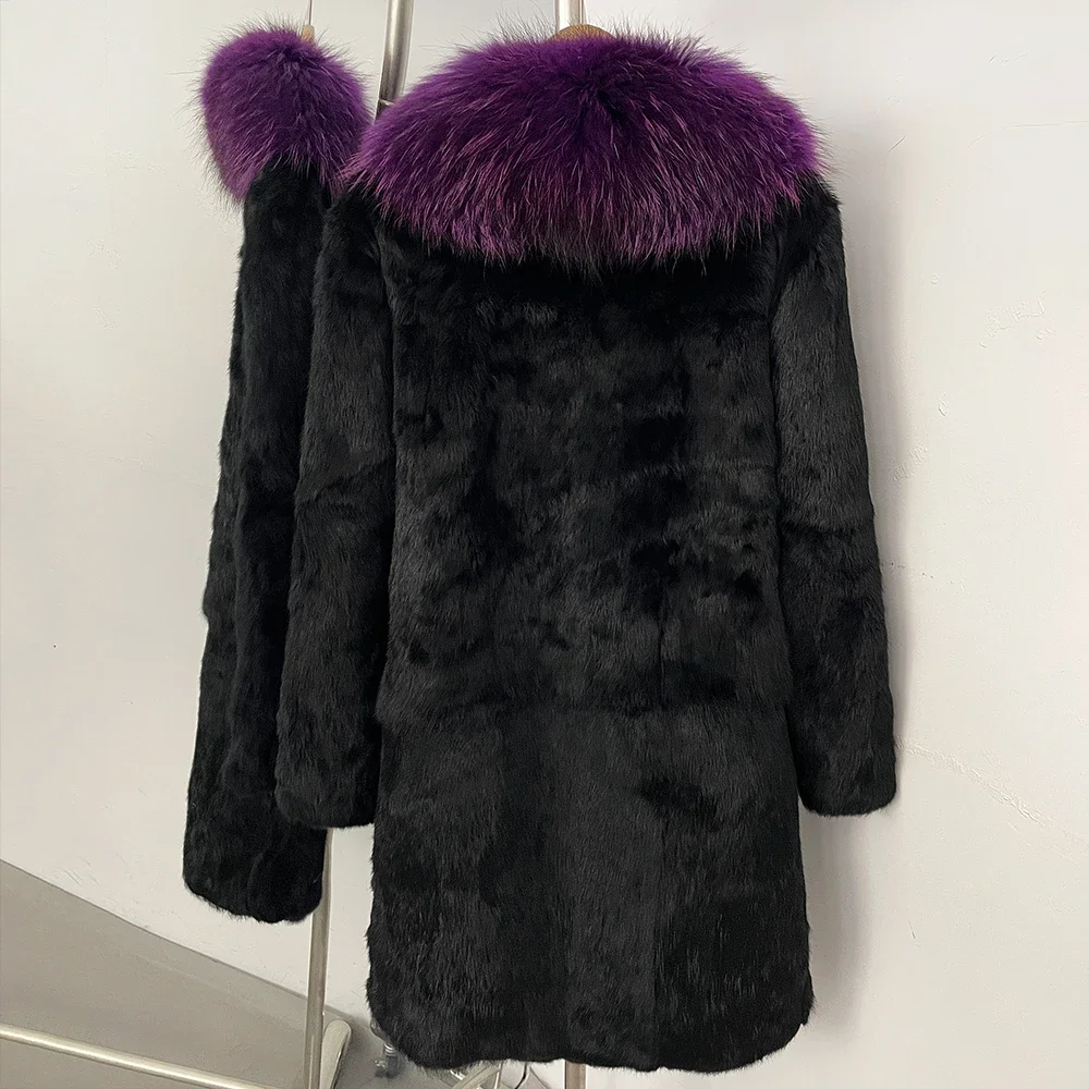 OFTBUY Neue Luxuriöse Vollpelz-Winterkleidung Damenjacke Mittellang Echter Kaninchenfellmantel mit Echtfuchsfellkragen – Detail 12