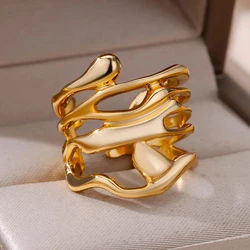 Stainless Steel Rings For Women Men Gold Color Hollow Wide Ring Female Male Party Finger Jewelry Gift 2024 Trend Free Shipping