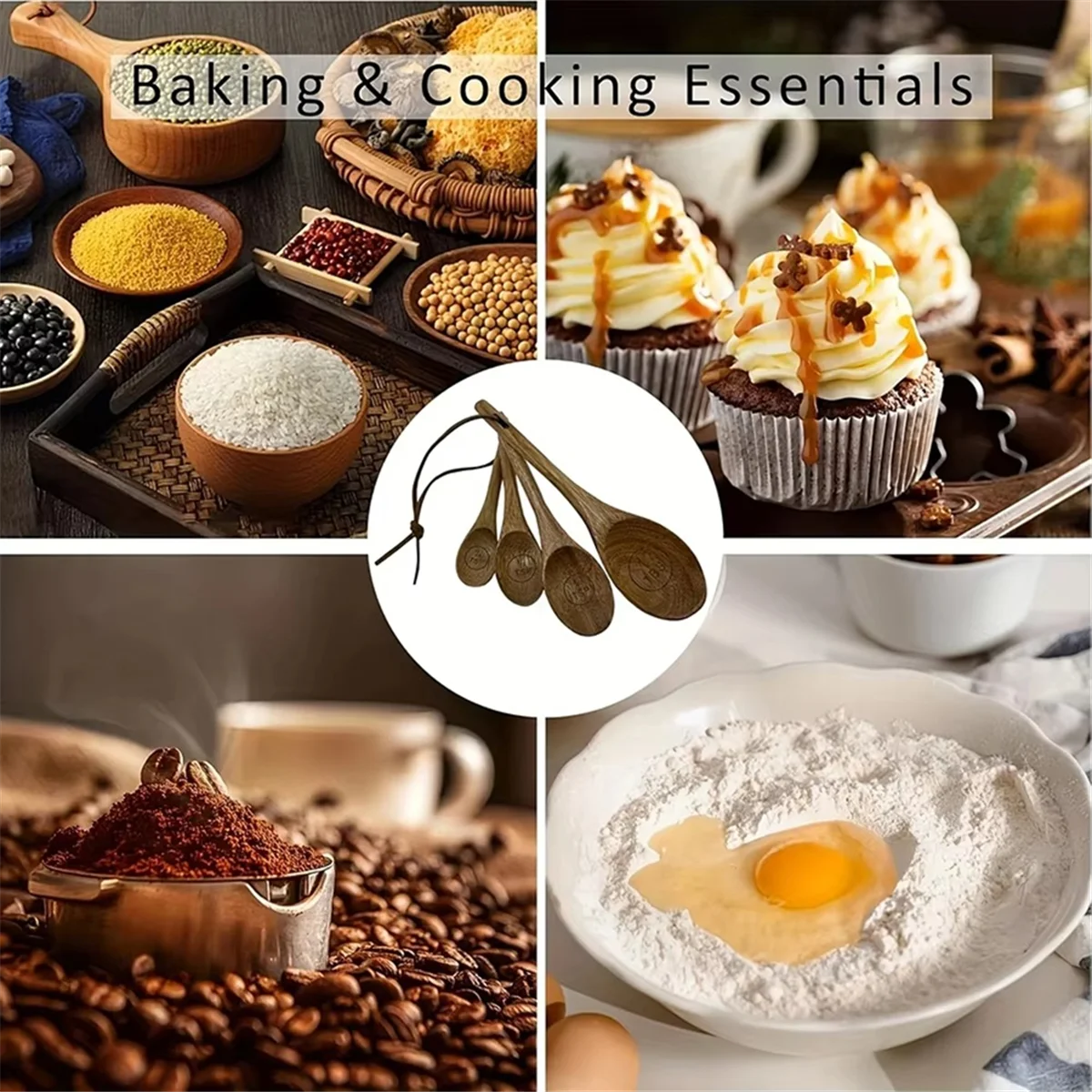 Robuster Messlöffel aus Backenholz, 4-teiliges Set, Gewürzlöffel,