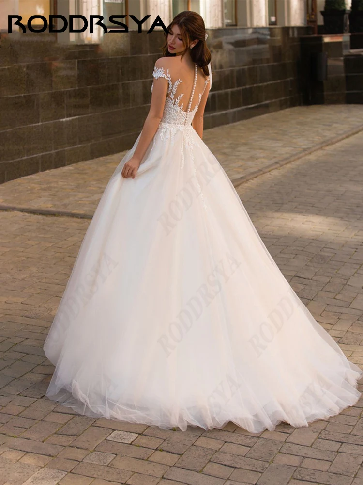 RODDRSYA vestido De novia De princesa, elegante vestido De novia De manga casquillo, cuello redondo, ilusión romántica De tul, botón trasero, fiesta De noviavestido De novia De princesa, elegante vestido De novia De ma