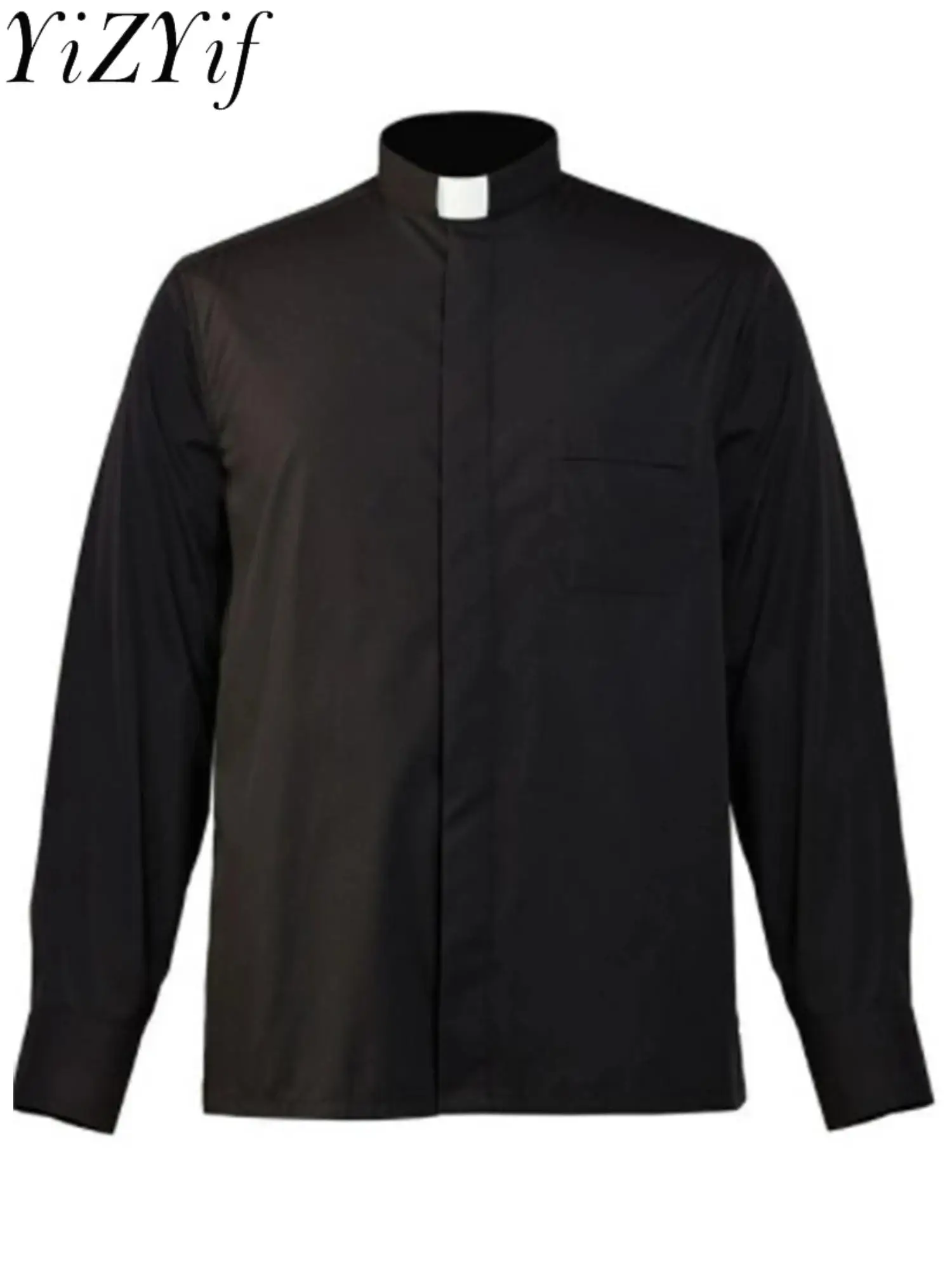 Camisa de manga larga con cuello de lengüeta para hombre, camisa de pastor, ministro, predicador, Top, disfraz de clero de sacerdote bendita de Halloween, camiseta