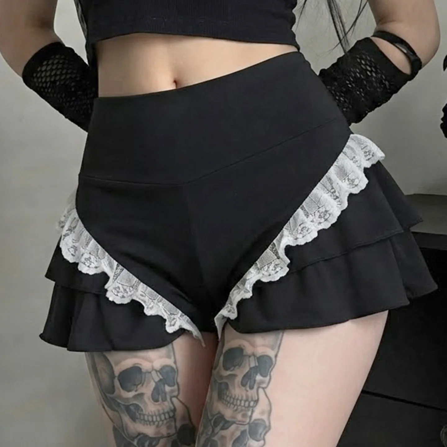 summer black shorts women clothes low waist ruffles A-line short pants lace patch Gothic y2k sexy streetwear