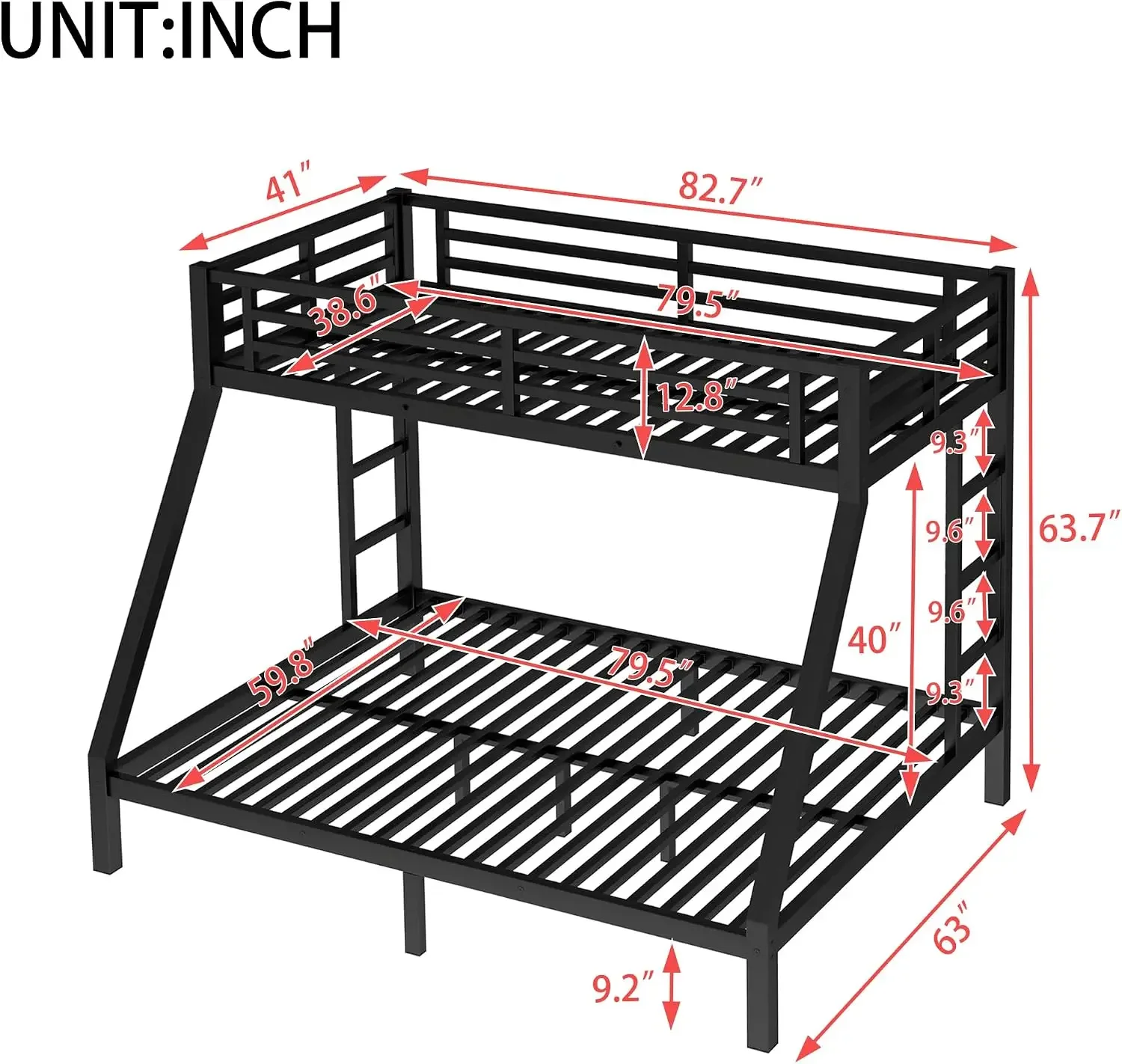 Bellemave Adults Bunk Bed Twin XL Over Queen Bunk Beds Frame with Safety Guardrail and Build in Ladder, Easy Assemble Bunkbeds,