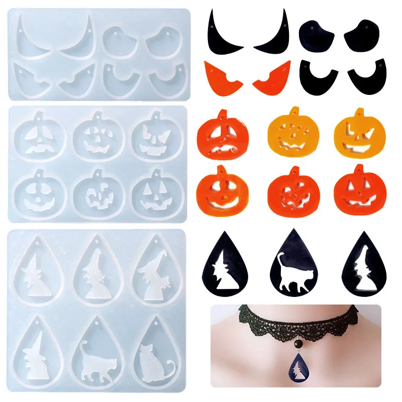 Handmade Halloween Hanging Pendants Silicone Mold Ghost Bat Witch Cat Style Pendants Resin Mold For DIY Jewelry Earring Necklace