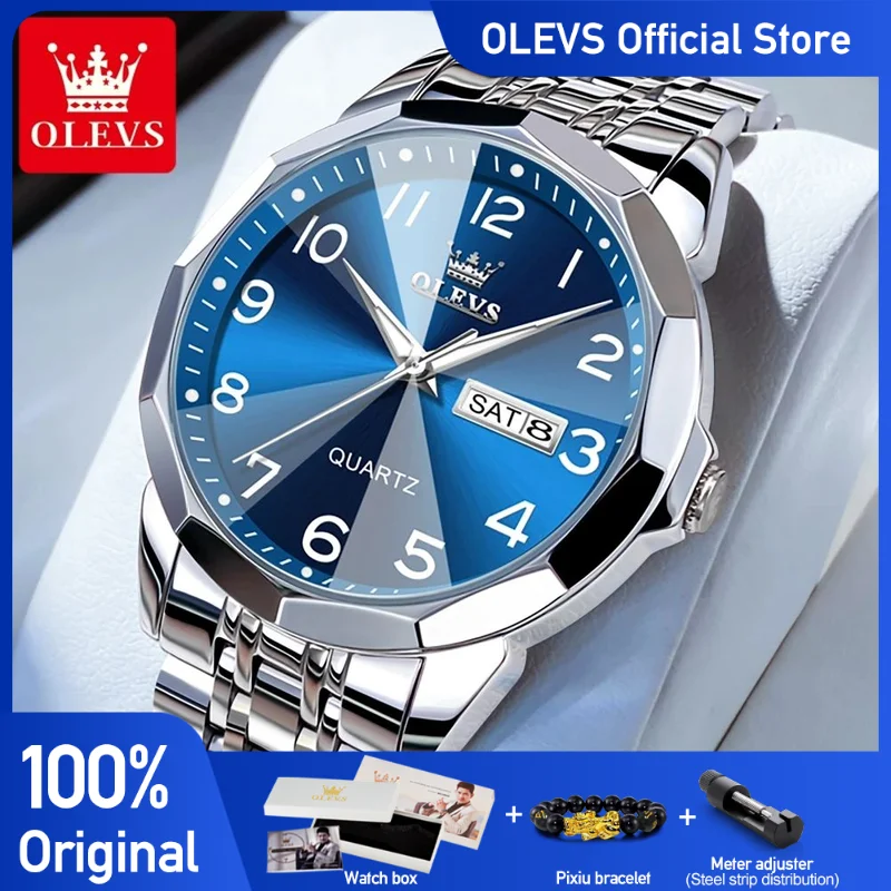 OLEVS No.9970 Men\'s Watches Rhombus Mirror Fashion Original Quartz Wristwatch Large Arabic Numeral Dial Waterproof Luminous