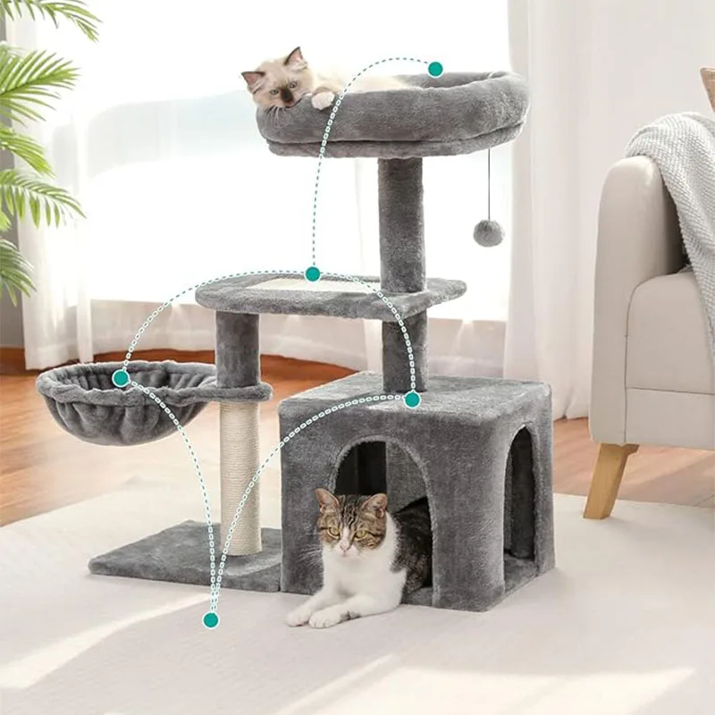 Cat Tower With Large Cat Condo Plush Cat Tree Comfy Deep Hammock Sisal Cat Scratching Post For Home Small Medium Cats Supplies