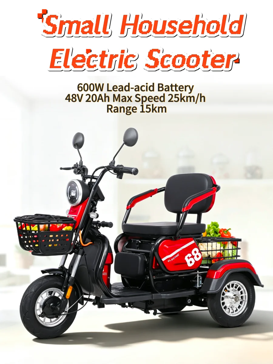 Electric Tricycle 600W Motor 48V 12Ah Lead-acid Battery Max Speed 25km/h 30km Range Small Household Electric Scooter