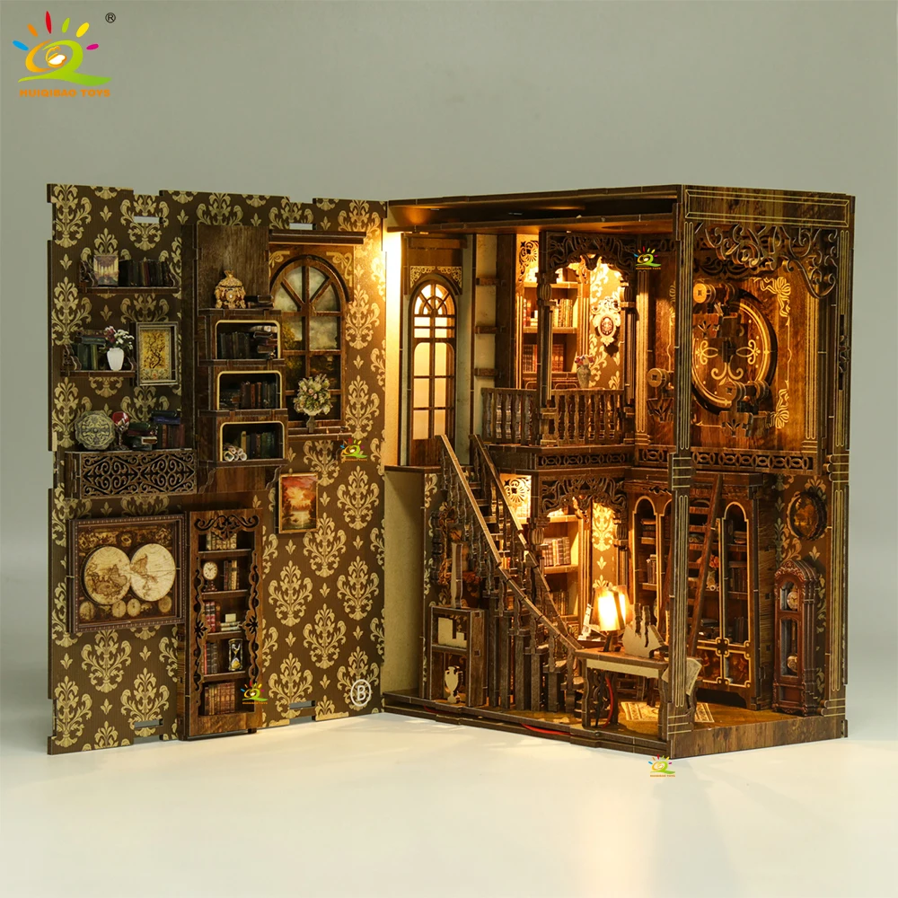 HUIQIBAO DIY Retro Bookstore Bookshelf Model 3D Wooden Puzzle Assemble Book Nook Shelf Miniature Building Kits Handmade Toys