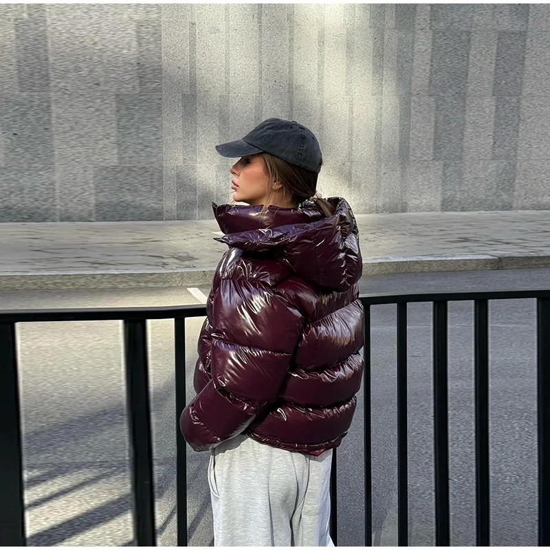 Fashion Glossy Padded Jacket Women's Solid Hooded Long Sleeve Zipper Warm Down Coat 2026 Autumn Winter New Lady Casual Outerwear
