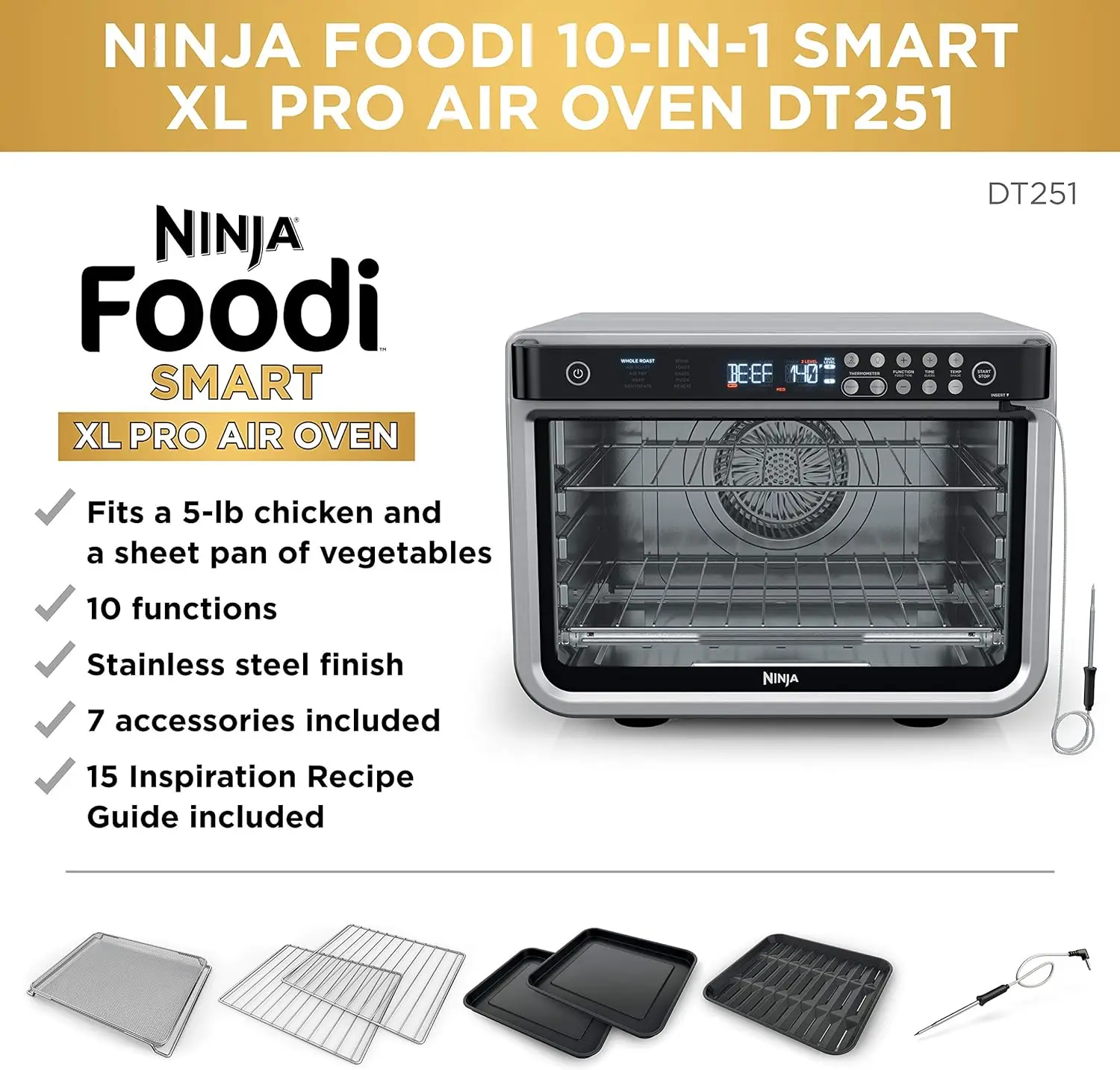 Ninja DT251 Foodi 10-in-1 Smart XL Air Fry Oven Bake, Broil, Toast, Roast, Digital Toaster Thermometer, True Surround Convection