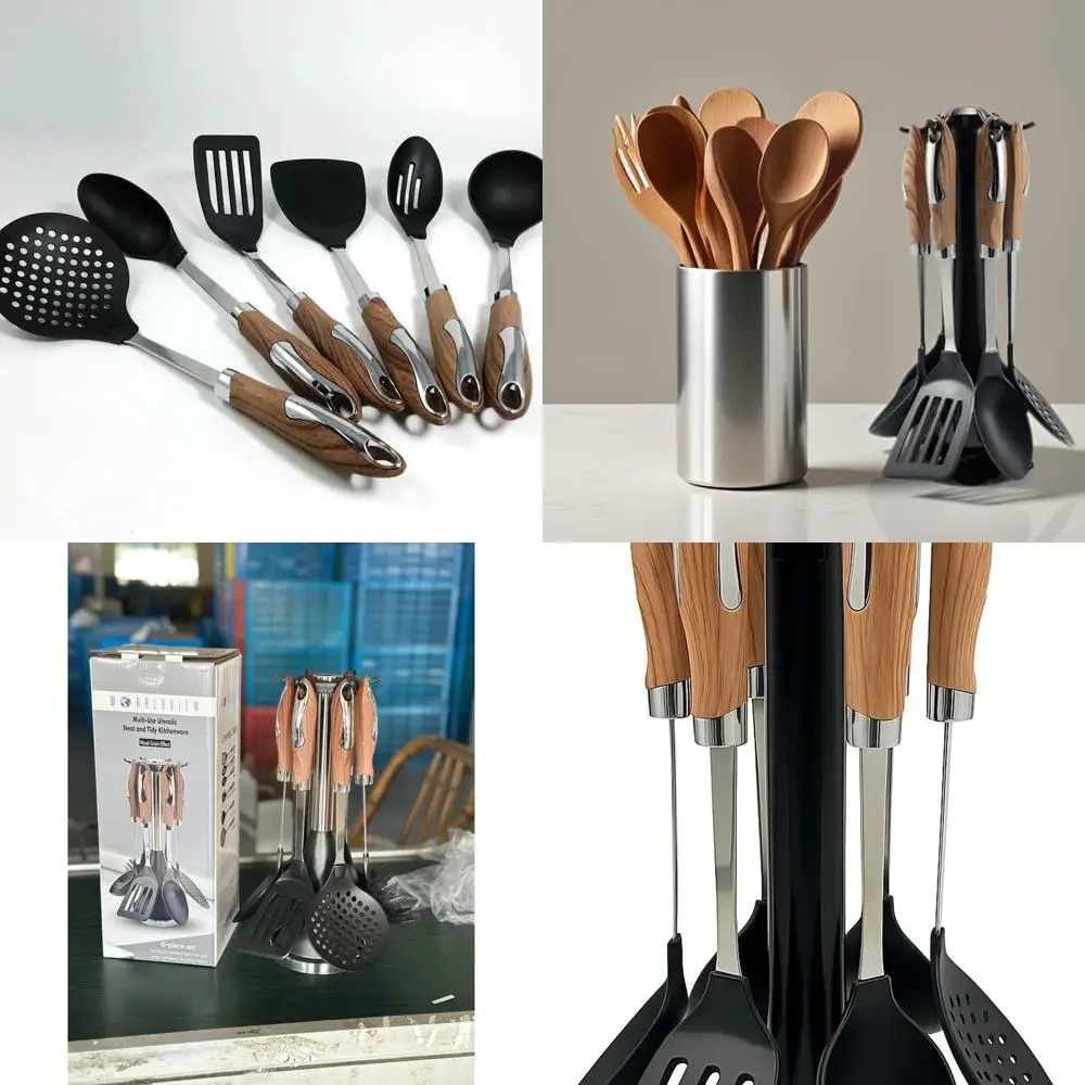 

Вращающийся набор кухонной утвари из нержавеющей стали — инструменты с антипригарным покрытием из 6 предметов с деревянными ручками — компактный, термостойкий, стильный