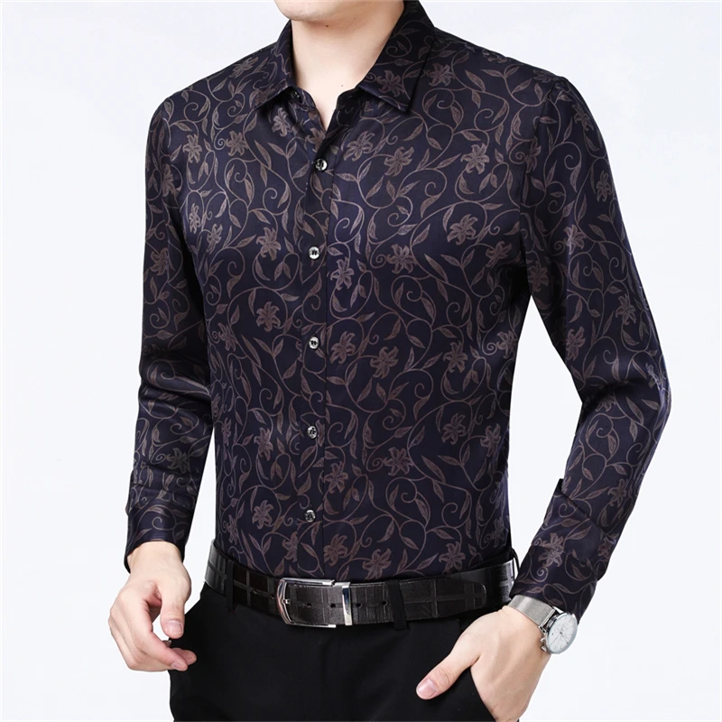 Exquisite Print Real Silk Shirts For Men Long Sleeved Regular Fit Summer Quality Soft Comfortable Smart Casual Camisas De Hombre