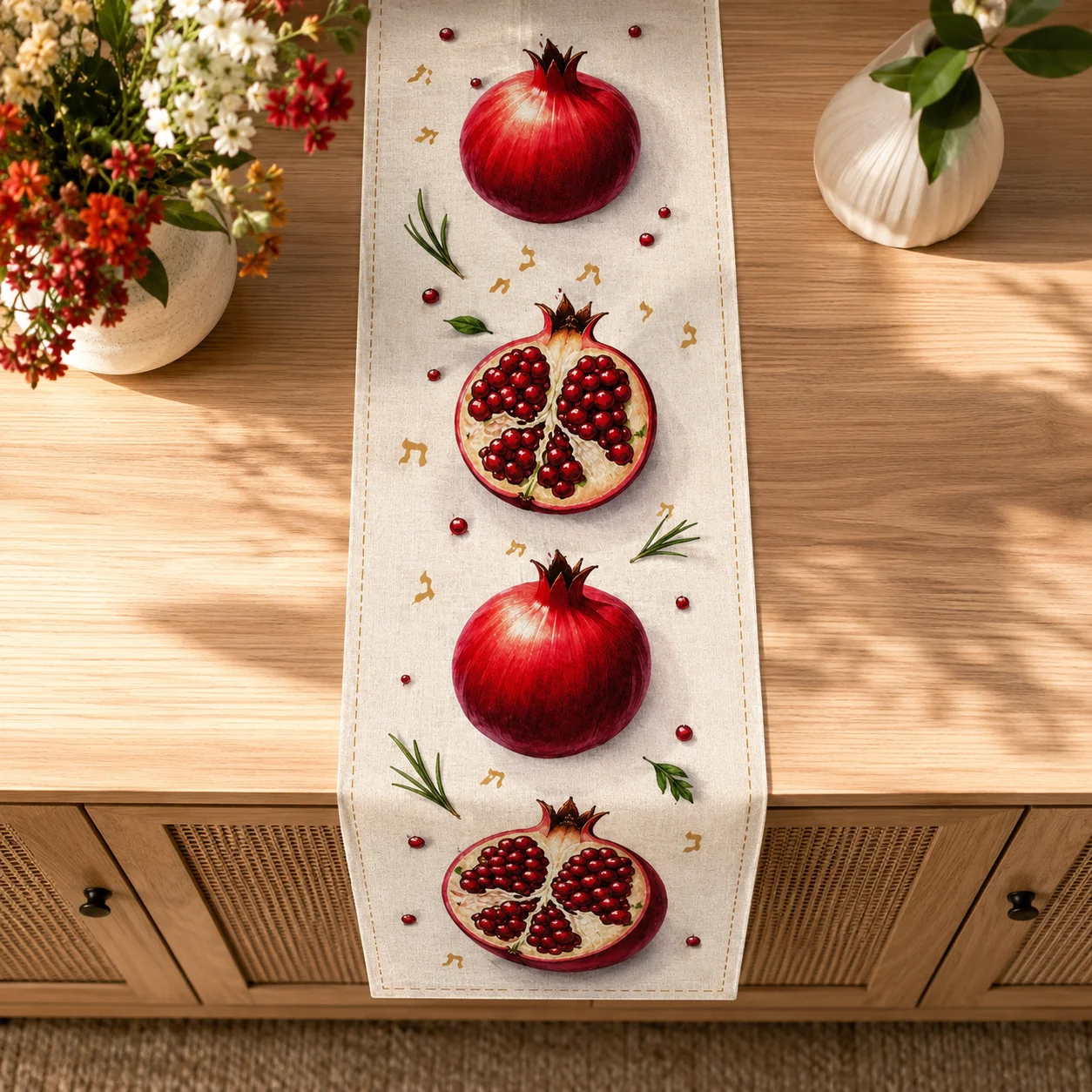 Jewish New Year Table Runner - Red Pomegranate Jewish Holiday Decor,Symbol of Good Luck & Prosperity - Table Decoration Placemat