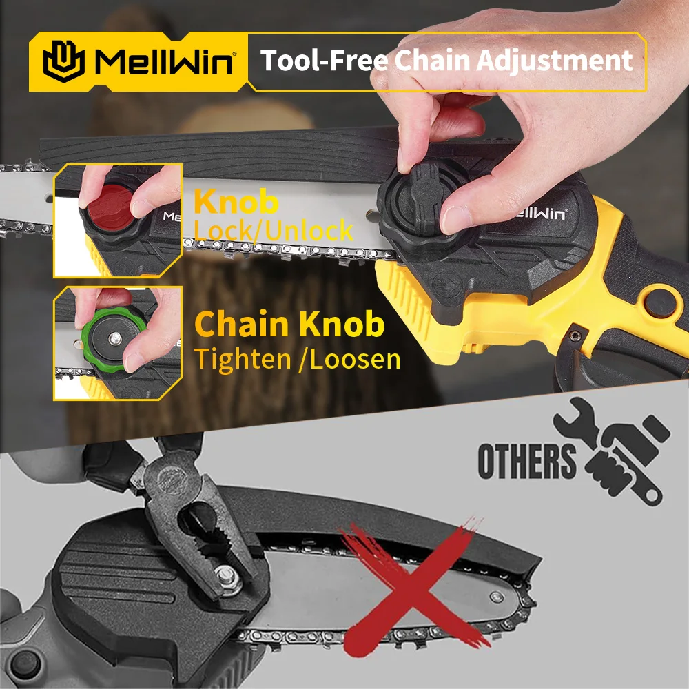 MELLWIN Bürstenlose 8-Zoll-Elektrokettensäge, tragbare elektrische Säge, Holzbearbeitungs-Gartenwerkzeug, Baumsäge für Makita 18V Akku – Detail 12