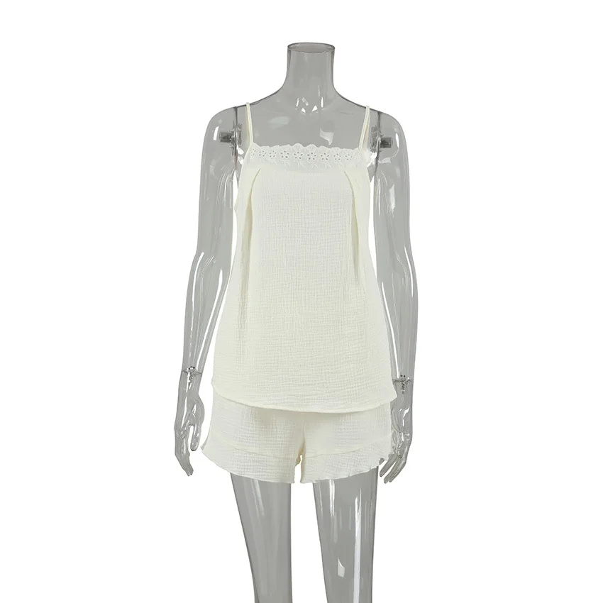 Women's Pajama Set 2025 Cotton Pajamas Lace Suspender Ruffle Shorts 2-piece Set Loungewear Women Sleepwear for Sleeping