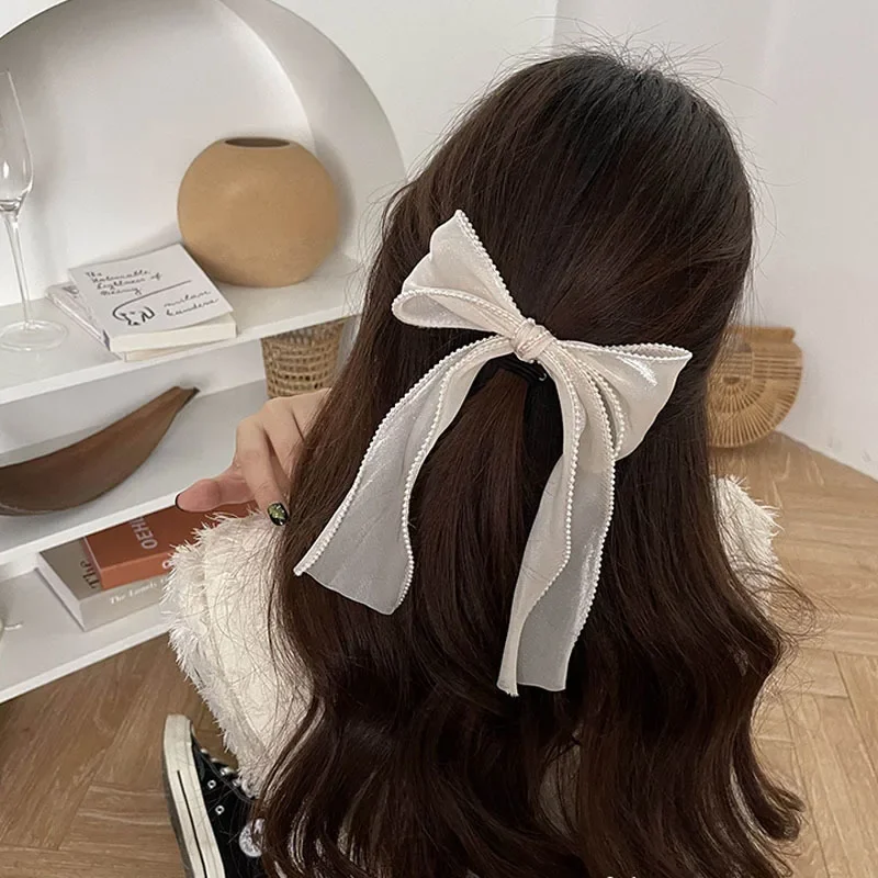 Fashion Butterfly Pearl Ribbon Hair Clips for Women Korean Design Elegant Bowknot Spring Hairpin Hair Accessories