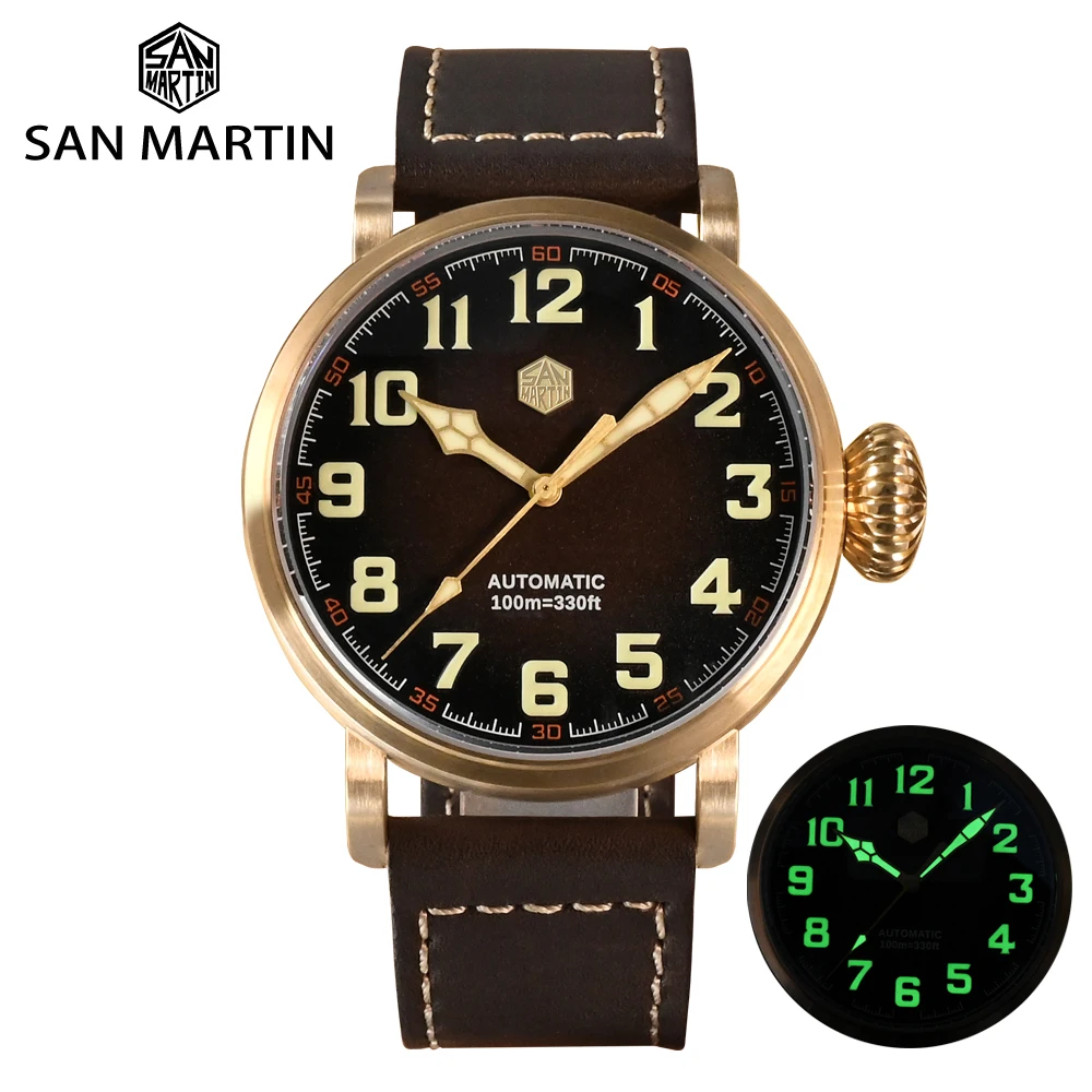 San Martin 45mm CuSn8 Bronze Pilot Herrenuhr YN55A Automatik Mechanisch Vintage Militär Einfacher Stil Saphir Wasserdicht 10Bar