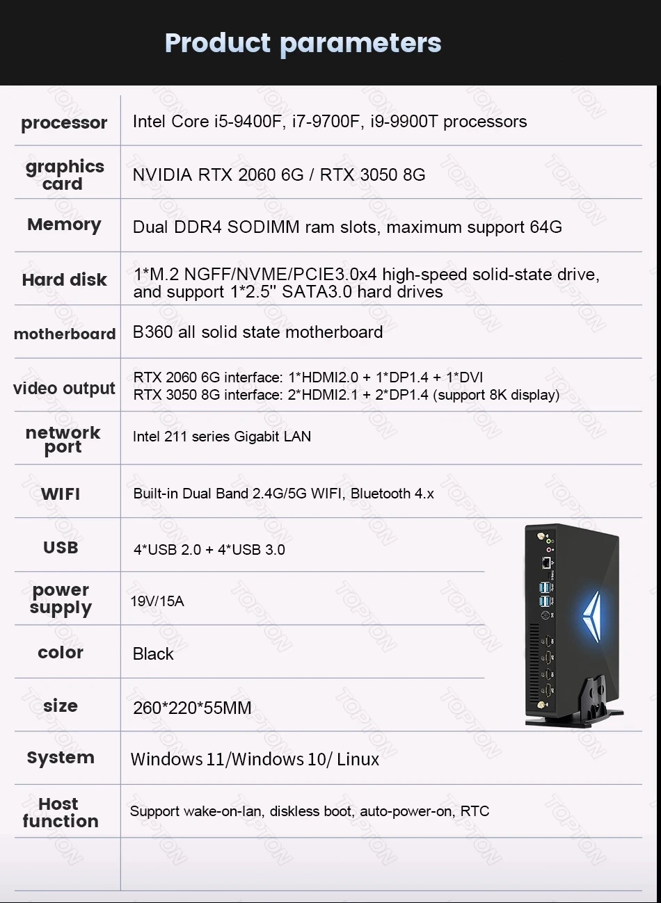 Topton 게이밍 미니 PC 데스크탑 컴퓨터, 엔비디아 RTX 3050, 8G GDDR6, 인텔 코어 i9, i7, i5, 2 * DDR4, M.2 NVMe SSD, 윈도우 11, AC 와이파이, 신제품