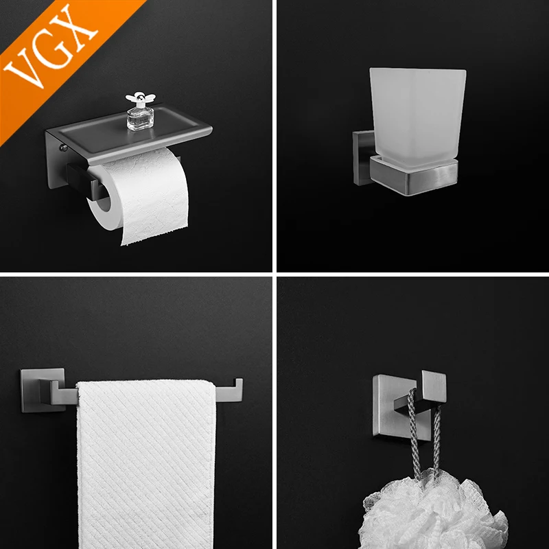 VGX Bathroom Hardware Set Towel Bar Single Robe Tower Hook Toilet Paper Holder Toothbrush Holder Stainless Steel Accessories Set