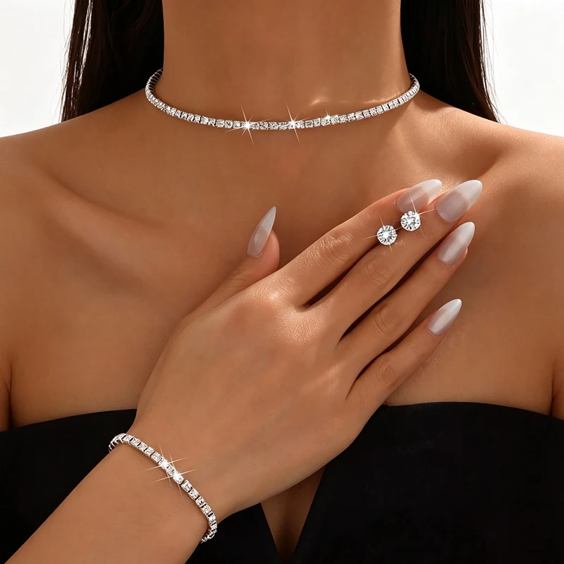 4pcs/set Sparkly Rhinestone Jewelry Set – Matching Necklace, Bracelet & Earrings for Casual & Party Wear.