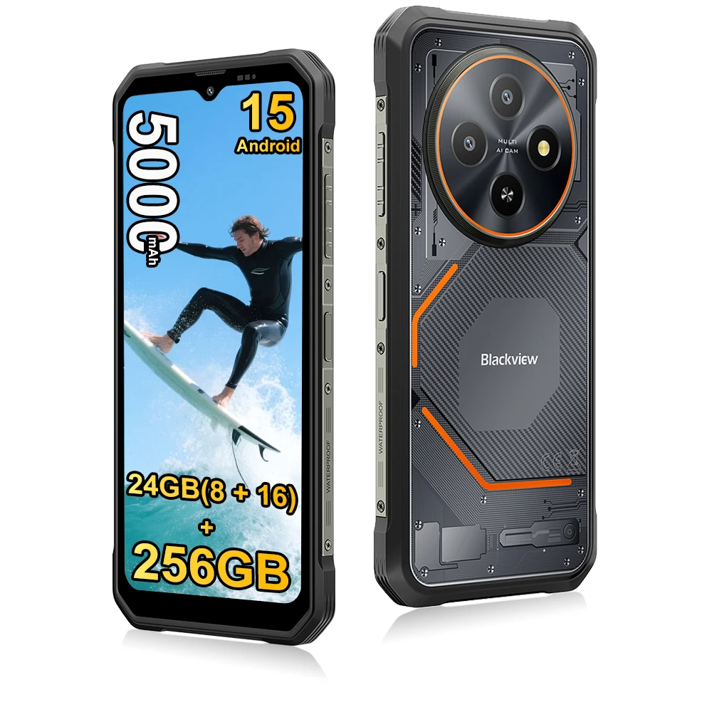 Blackview FORT 2 [Sans chargeur UE] Smartphone robuste 24 Go (8+16)+256 Go 5000 mAh 18 W Android 15 6,56'' HD+ IPS NFC/GPS Double SIM