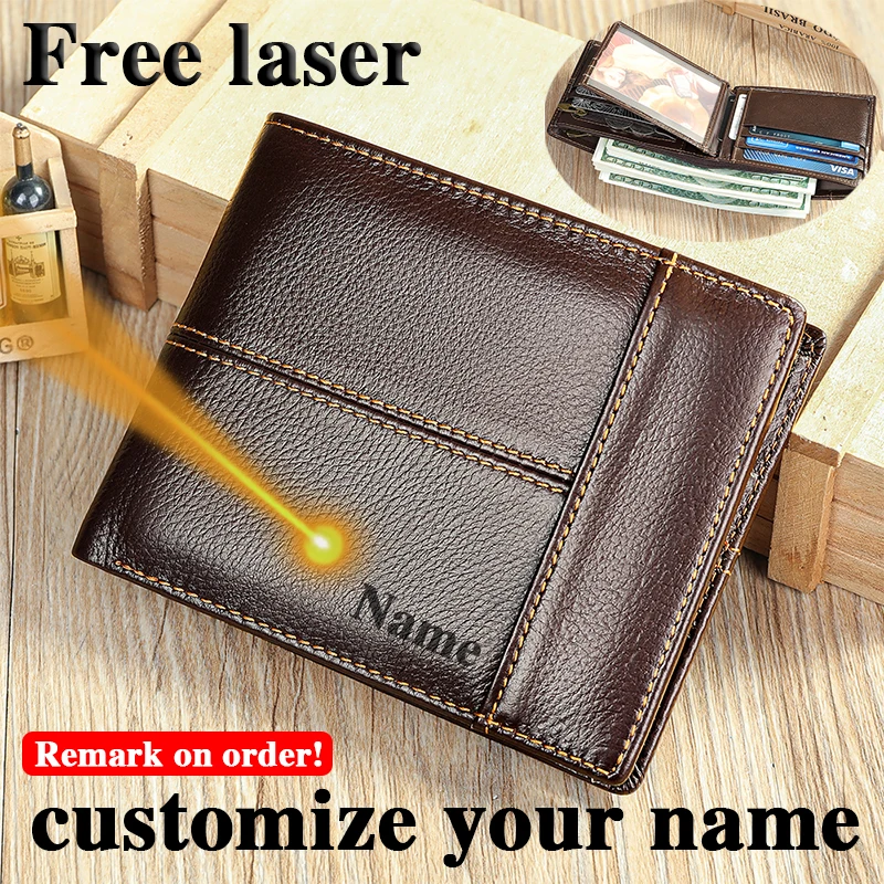 NIUCUNZH Custom Name Wallet Men's Leather Short Money Bao Top Layer Cowhide Retro Men's Anti-Theft Brush Rfid Card Bag