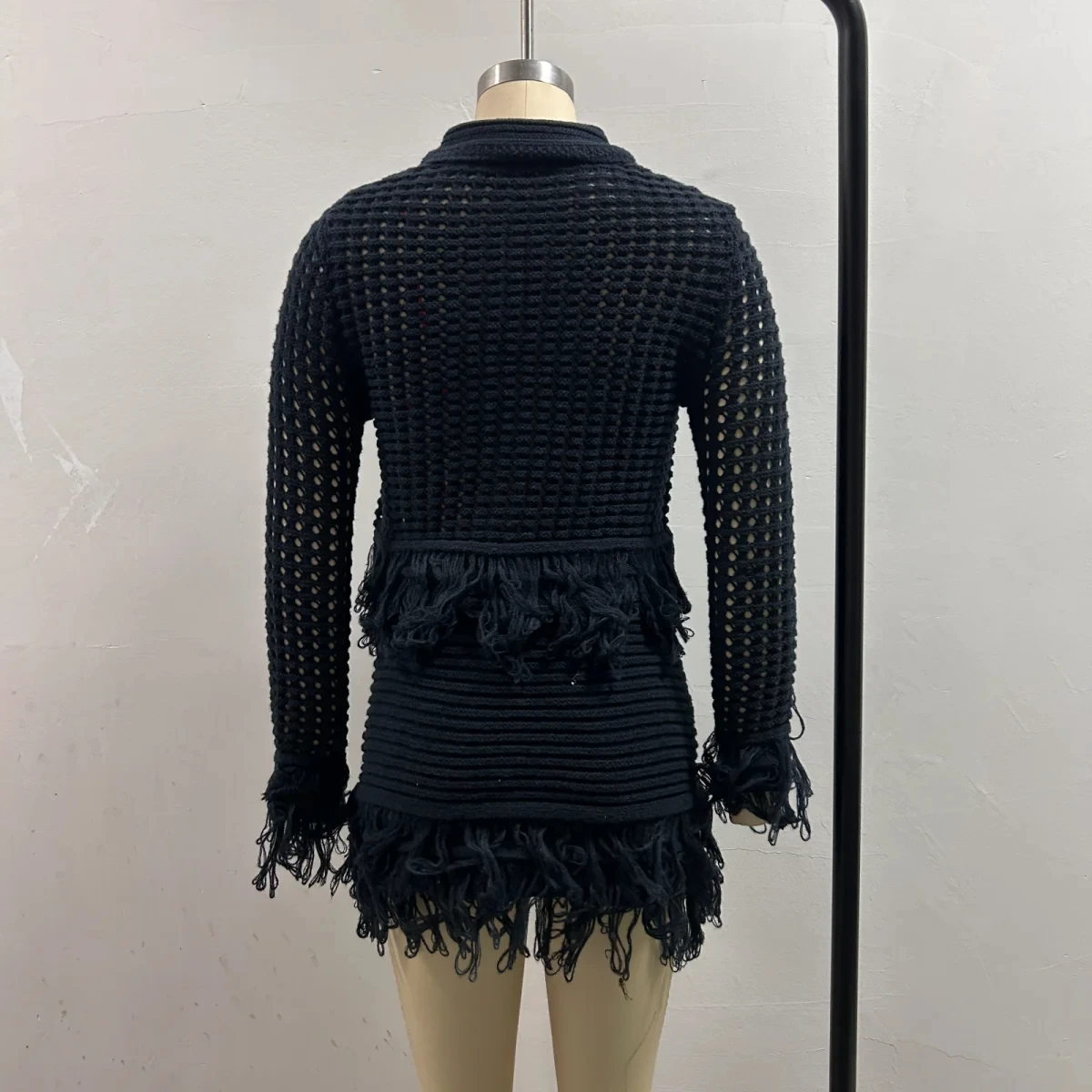 HH Female Vintage Knitted Solid 2 Piece Set Long Sleeve Single Breasted Lapel Tassel Hem Cardigan+Elastic Waist A-line Skirt