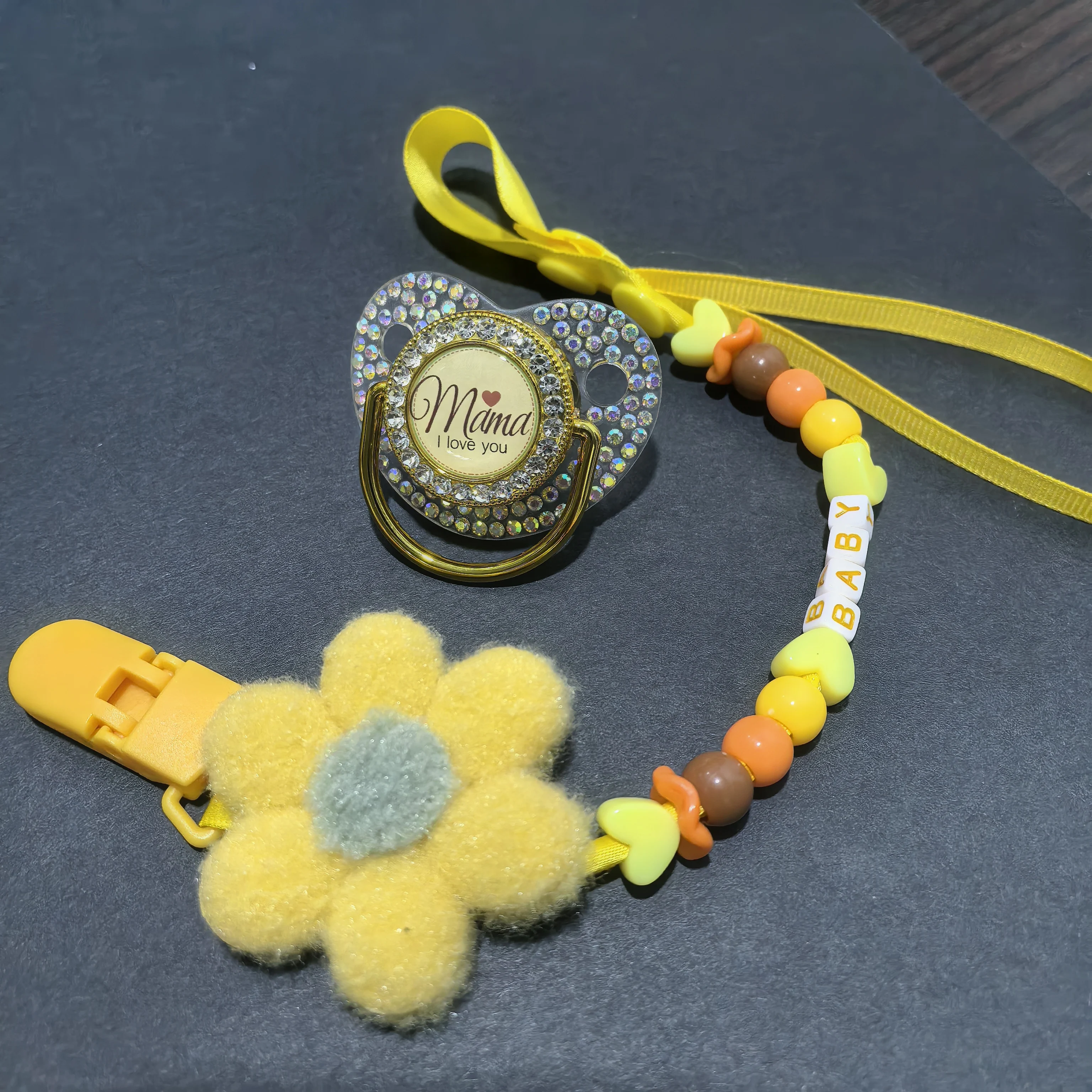 

Personalized Baby Pacifier Chain - Custom Name Beads+Crown Rhinestone Dummy Clip Yellow Plush Heart Holder Unisex Newborn gift