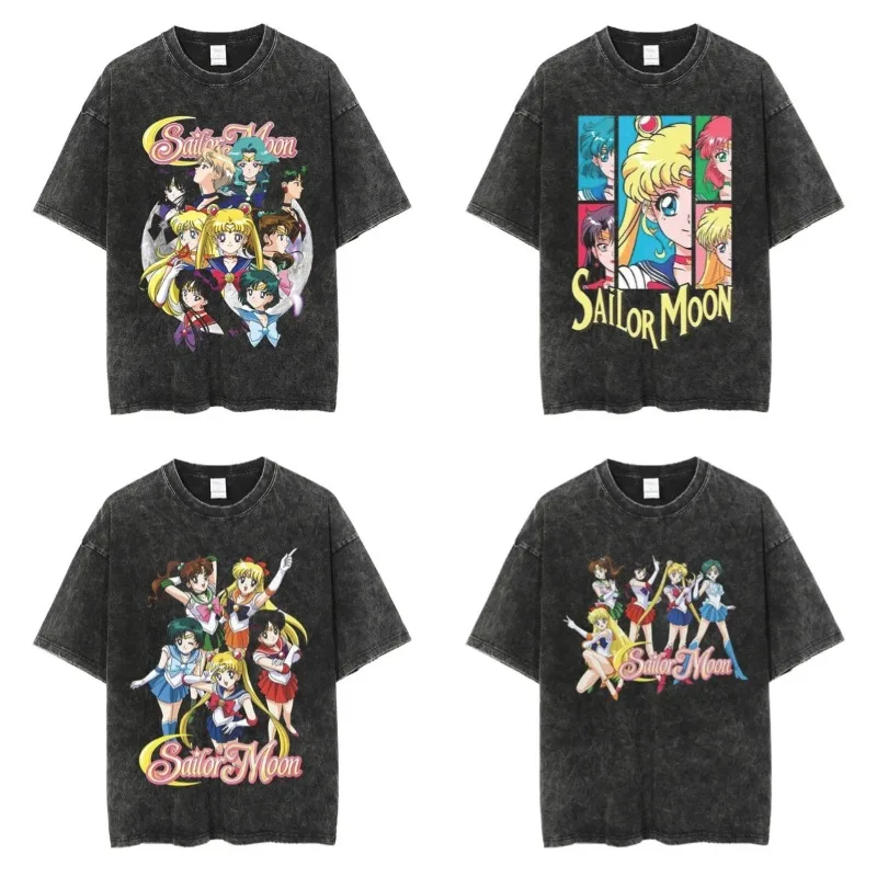 

Sailor Moons Anime Printed Washed T-shirt Summer New Cotton Men's and Women's Loose Casual Retro Trendy Short Sleeve Top