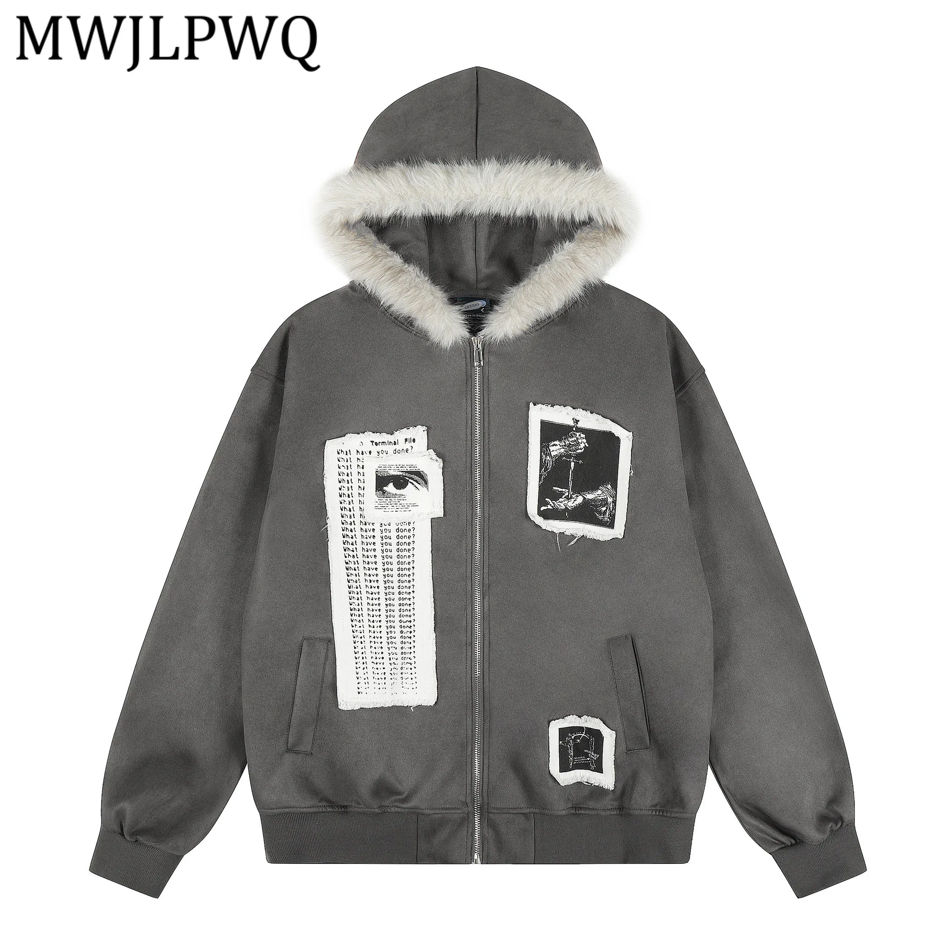 

MWJLPWQ American Pattern Hooded Jacket Men's High Street Spliced Patch Design Personality Tops For Men 2026 Spring New 13365
