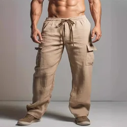 Europa e stati uniti uomo tinta unita per il tempo libero in cotone e lino Cargo Multi-tasca pantaloni da spiaggia traspiranti con coulisse allentata