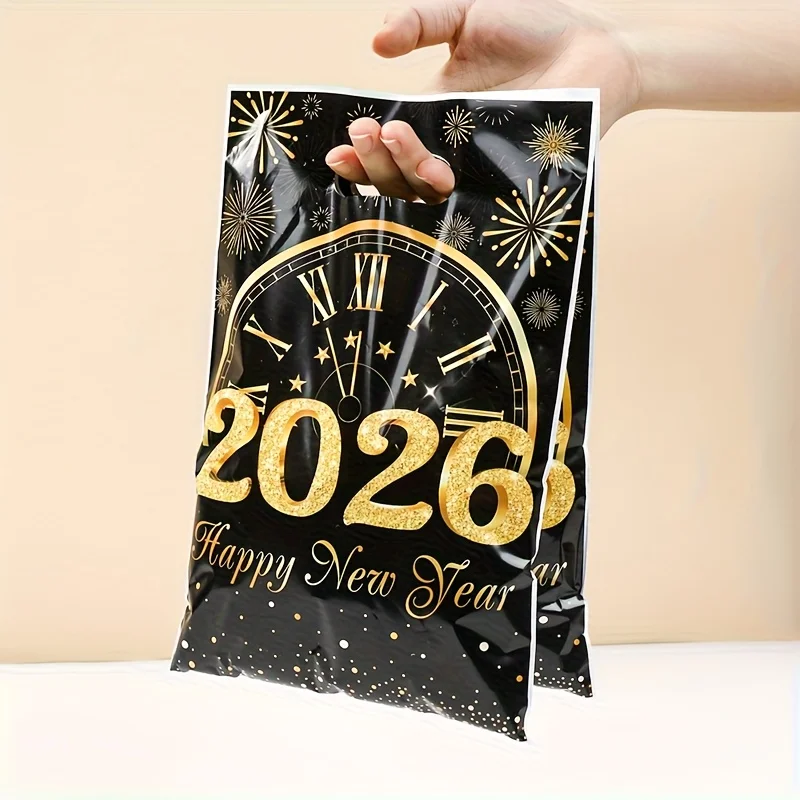 10/25/50 قطعة 2026 حقيبة حمل بلاستيكية للحفلات للعام الجديد مع شارات أرقام 2026 لامعة وأرقام رومانية وتصميم ساعة الألعاب النارية