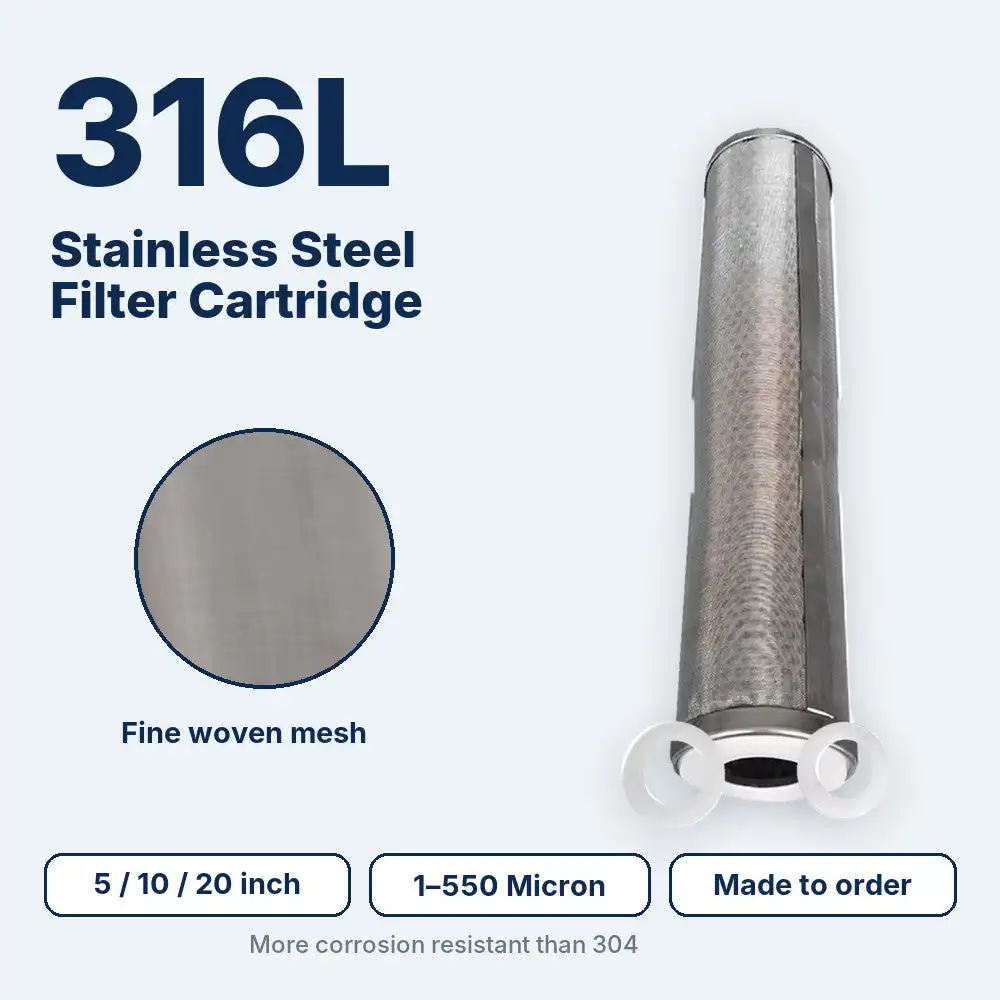 2.5 Inch 316L Stainless Steel Filter Cartridge 5 10 20 Inch Washable Sediment Mesh Water Filter 1-550 Micron Made to Order