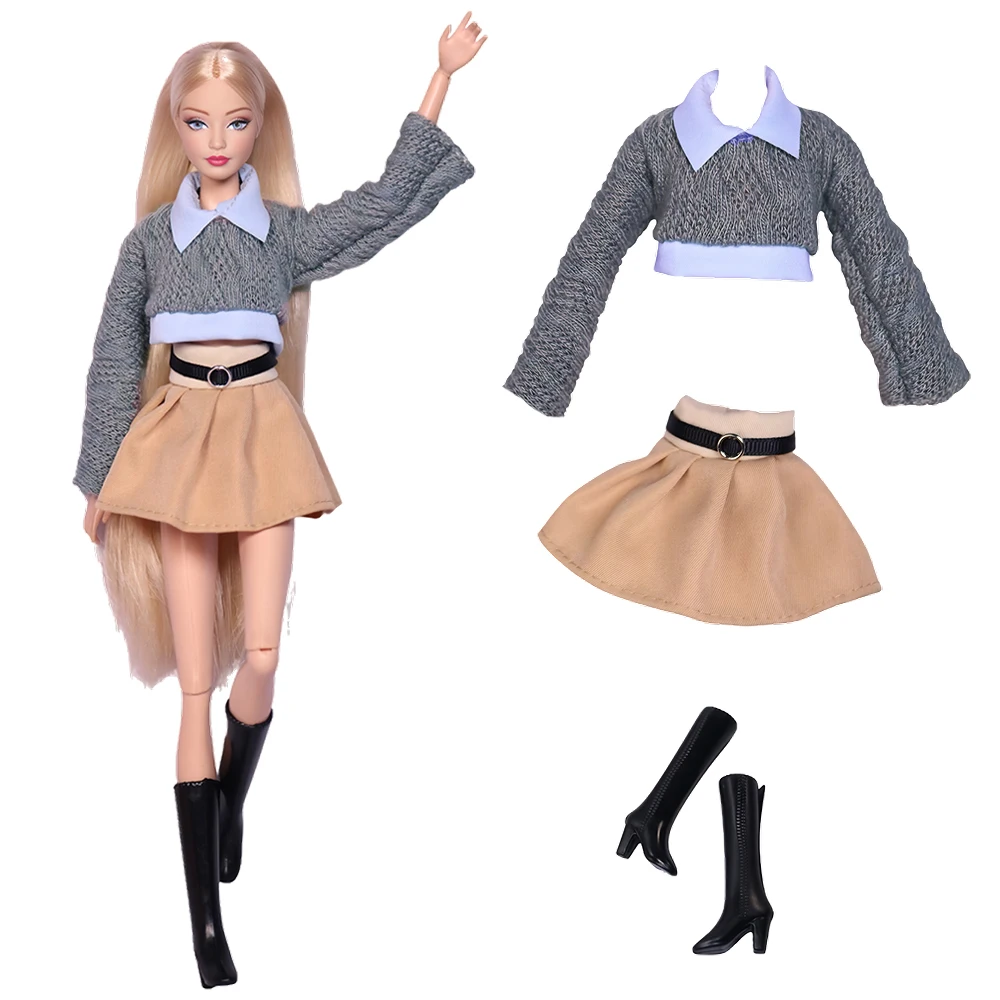 3 Items/Set Doll Dress For Barbie Clothes  Fashion Suit Long Sleeves Shirt Mini Skirt Doll Shoes For 1/6 Dolls Accessories