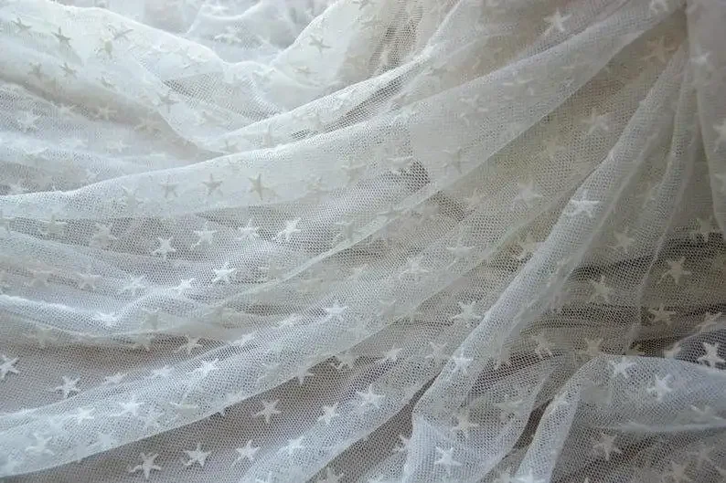 2 Color Cotton star embroidery Lace fabric White soft tulle for wedding dress bridal dress veil lace 51