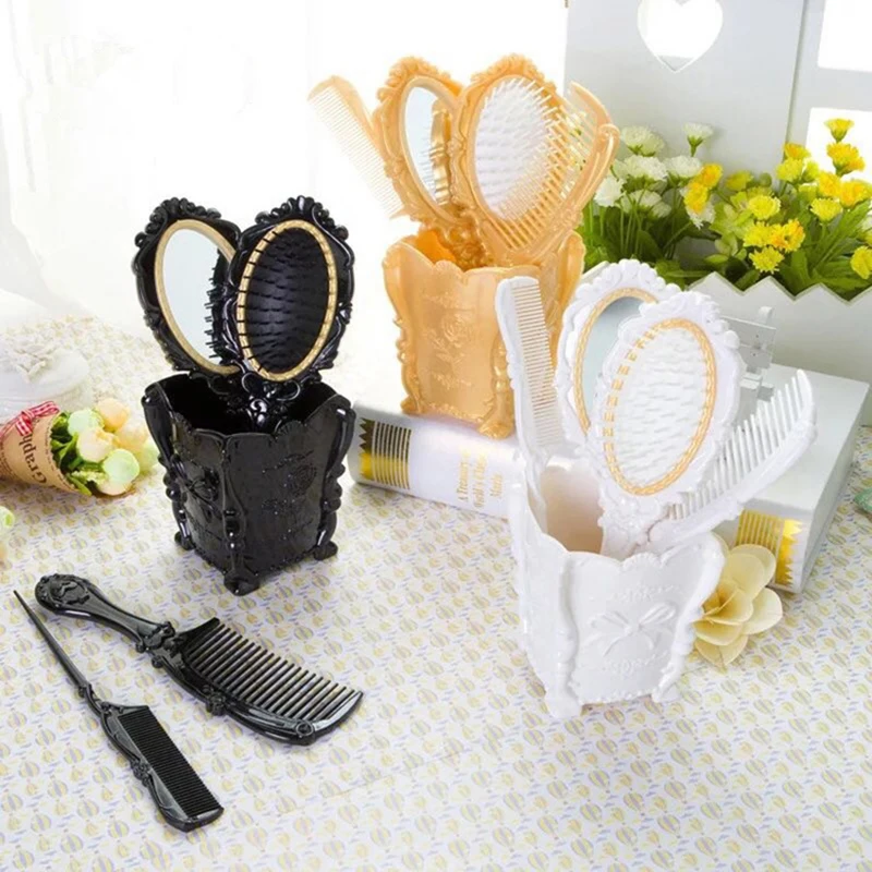 4 Pcs/Set Portable Hair Brush Makeup Kit Vanity Mirror Comb Set Hairdressing Bag Holder Home Detangling Paddle Travel