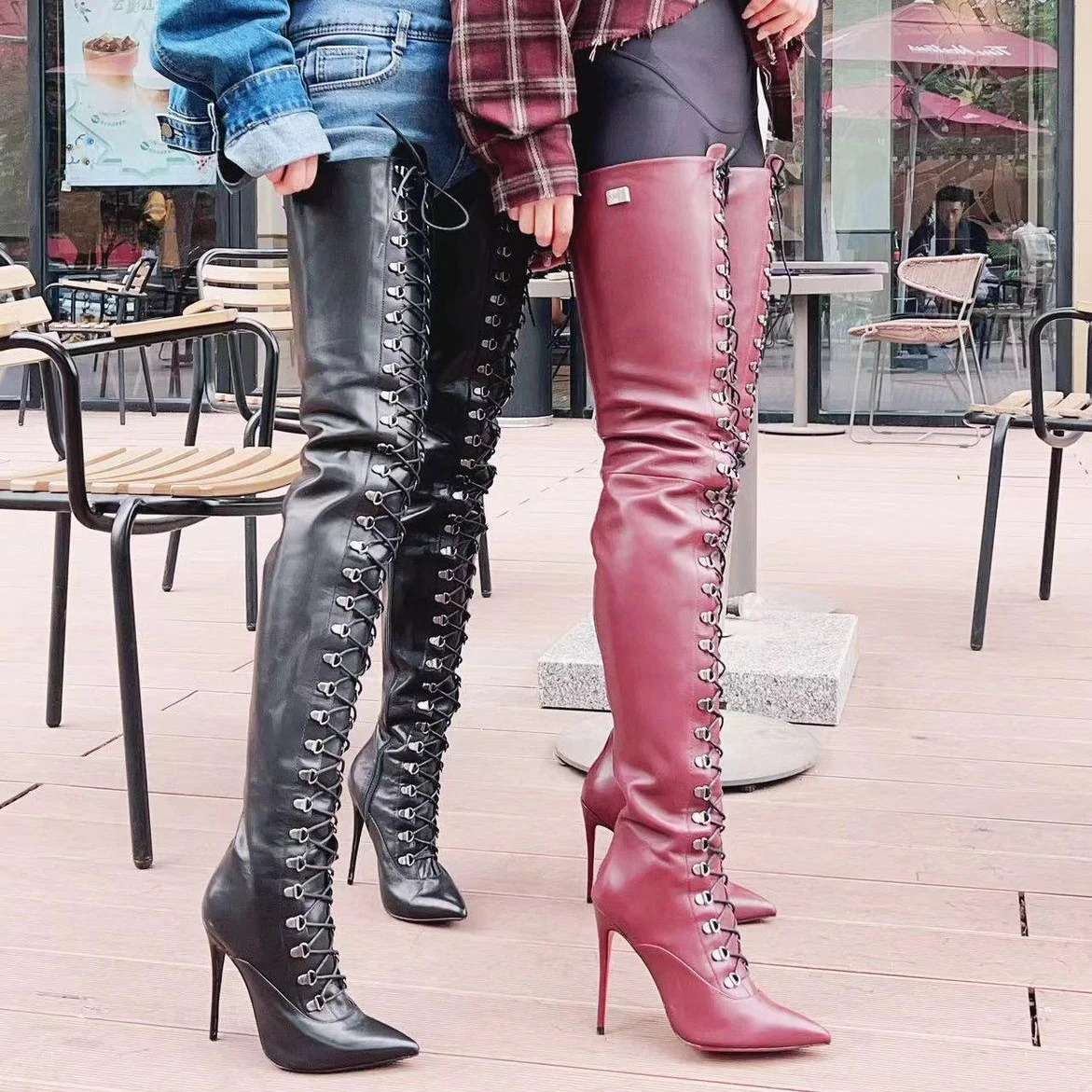 Black Lace Up Over Knee High Boots Thin High Heel Pointed Toe Fashion Sexy 2025 Winter Big Size Woman Shoes Zapatillas Mujer