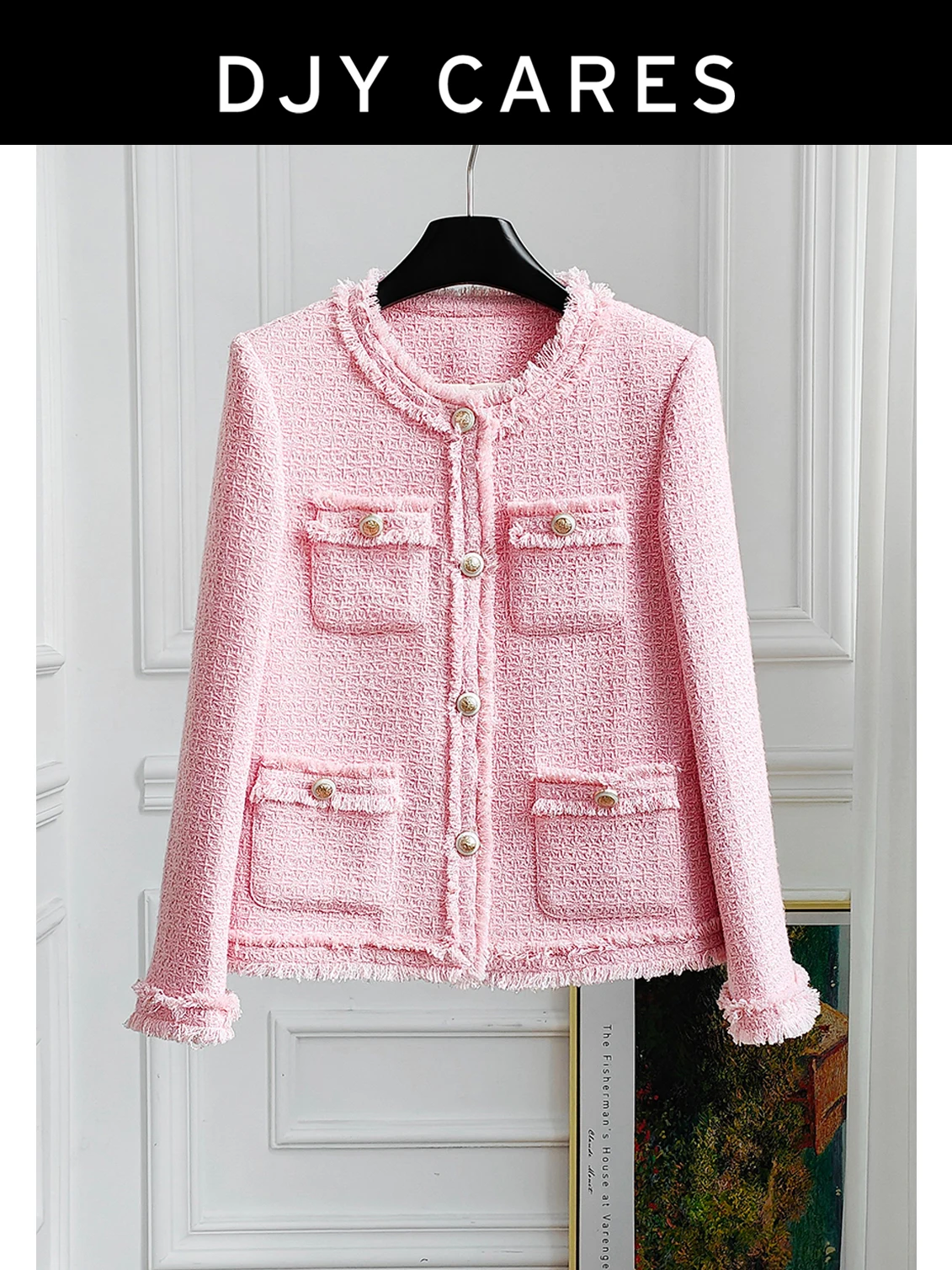 

New Bold tweed pink coat, reducing versatile top big size