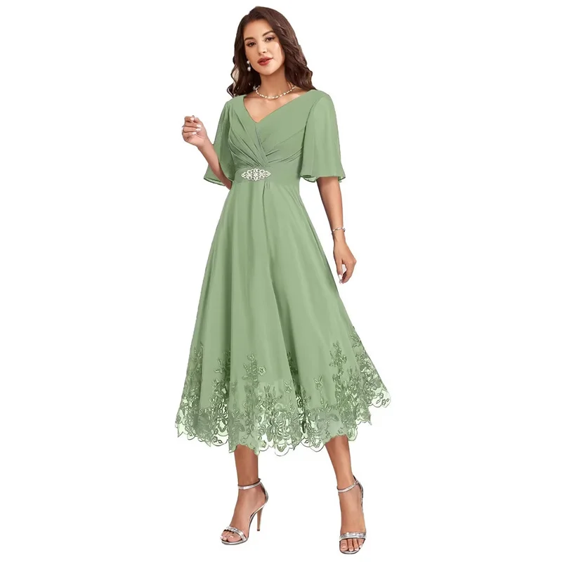 

A Line Chiffon Lace Pleat V Neck Evening Bridesmaid Dresses Wedding Party Formal Prom Birthday Cocktail Tea Length Corset