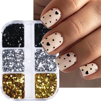 6格黑色金色銀色愛心美甲亮片迷你愛心圓形薄片亮片情人節裝飾美甲配件 10 最佳銷售 心型閃光 - №9