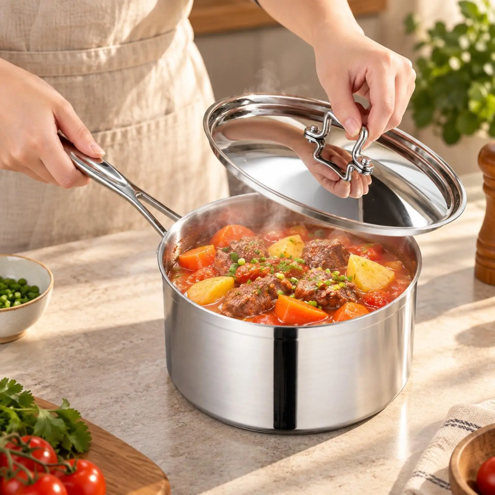 Cooking Saucepan 304 Stainless Steel Pot with Raised Lid Handle for Gas and Induction Stove Ideal for Slow Simmered Dishes