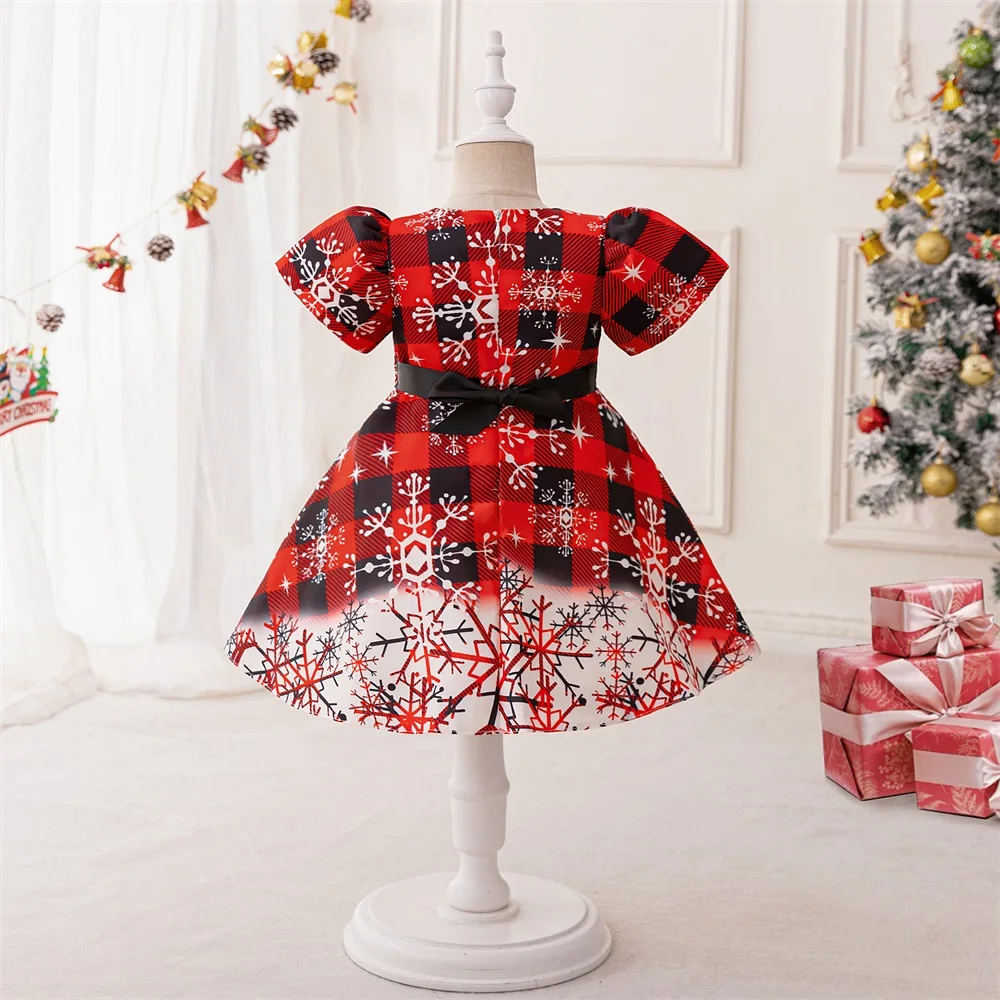 Baby Striped Bow Classic Red Christmas Dress Girls Snowflake Print Santa Claus Gift Kids Birthday Tutu Princess Gown New Clothes