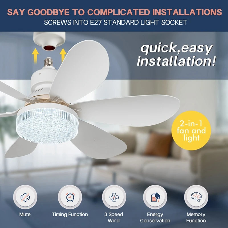 Modern Small E27 Screw Fan Light Lighting Remote Control Smart Silent LED Ceiling Fan Bedroom Kitchen No Wiring Needed